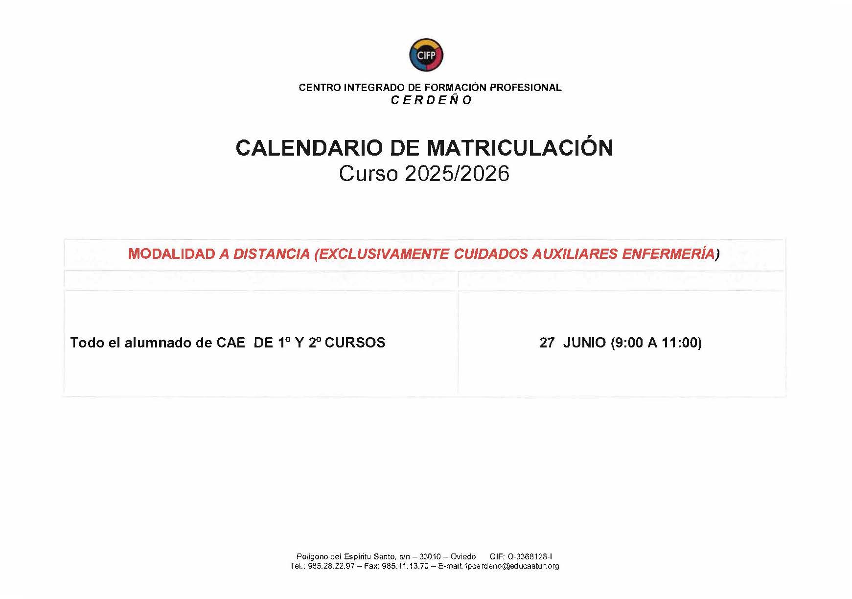 CALENDARIO MATRICULACION DISTANCIA 
