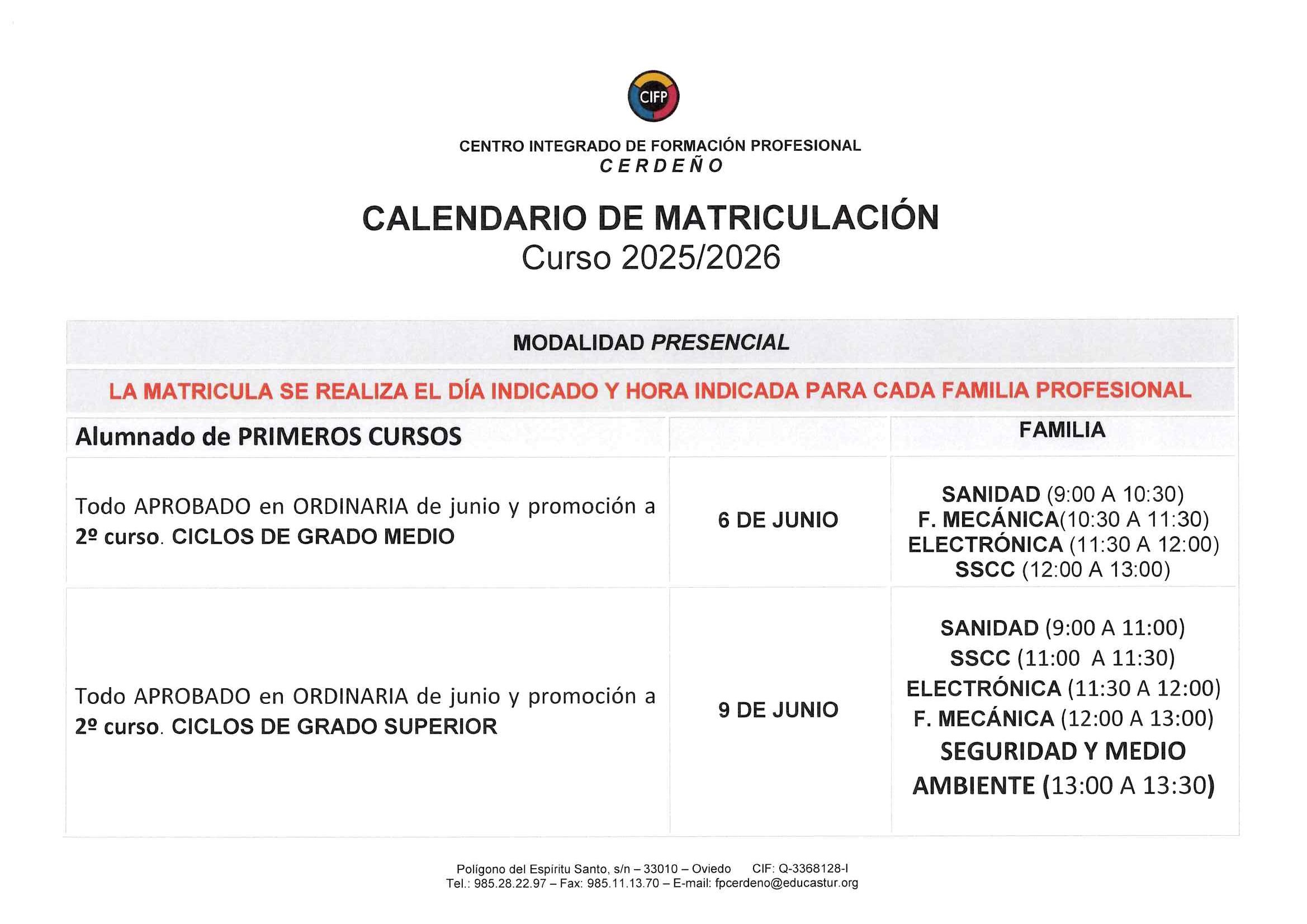 CALENDARIO MATRICULACION PRESENCIAL Página 1