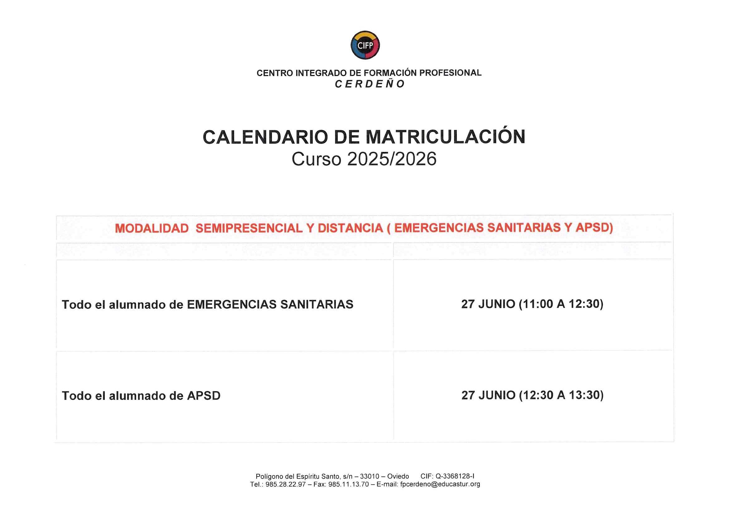 CALENDARIO MATRICULACION SEMIPRESENCIAL 