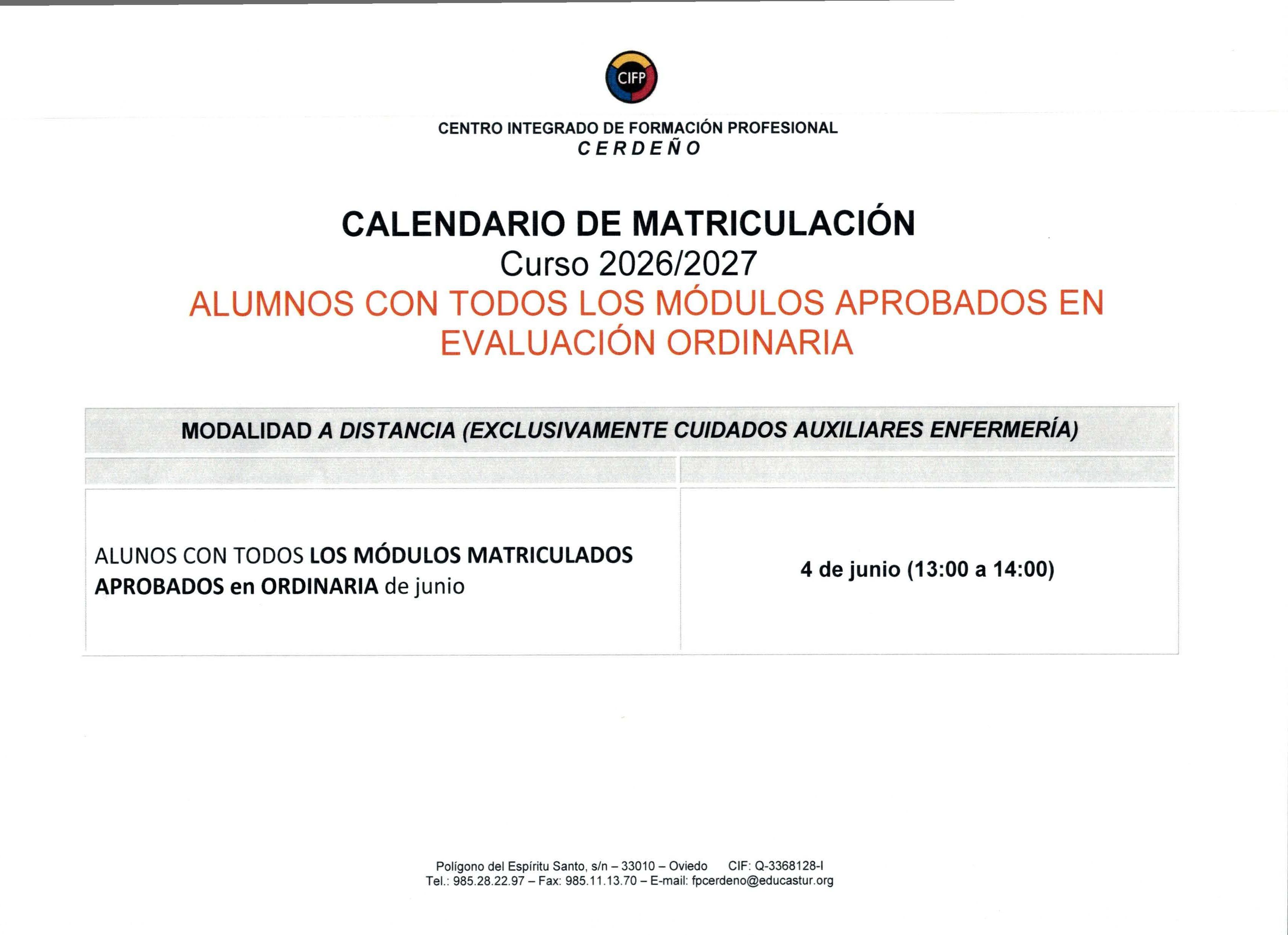 CALENDARIO DE MATRICULACION Página 1 Imagen 0001